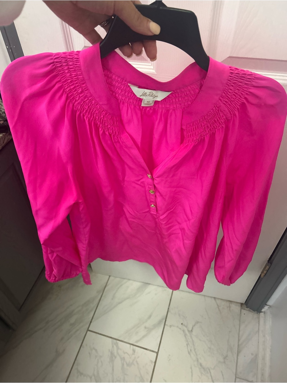 NWOT Lilly Pulitzer Hot Pink Smocked-Neck Button Front Blouse